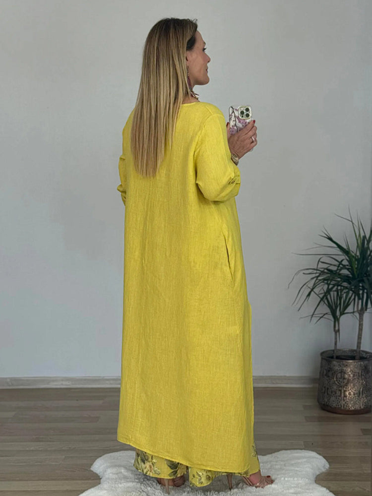 Ležérní nepravidelný top a kalhoty se širokými nohavicemi z bavlny a lnu