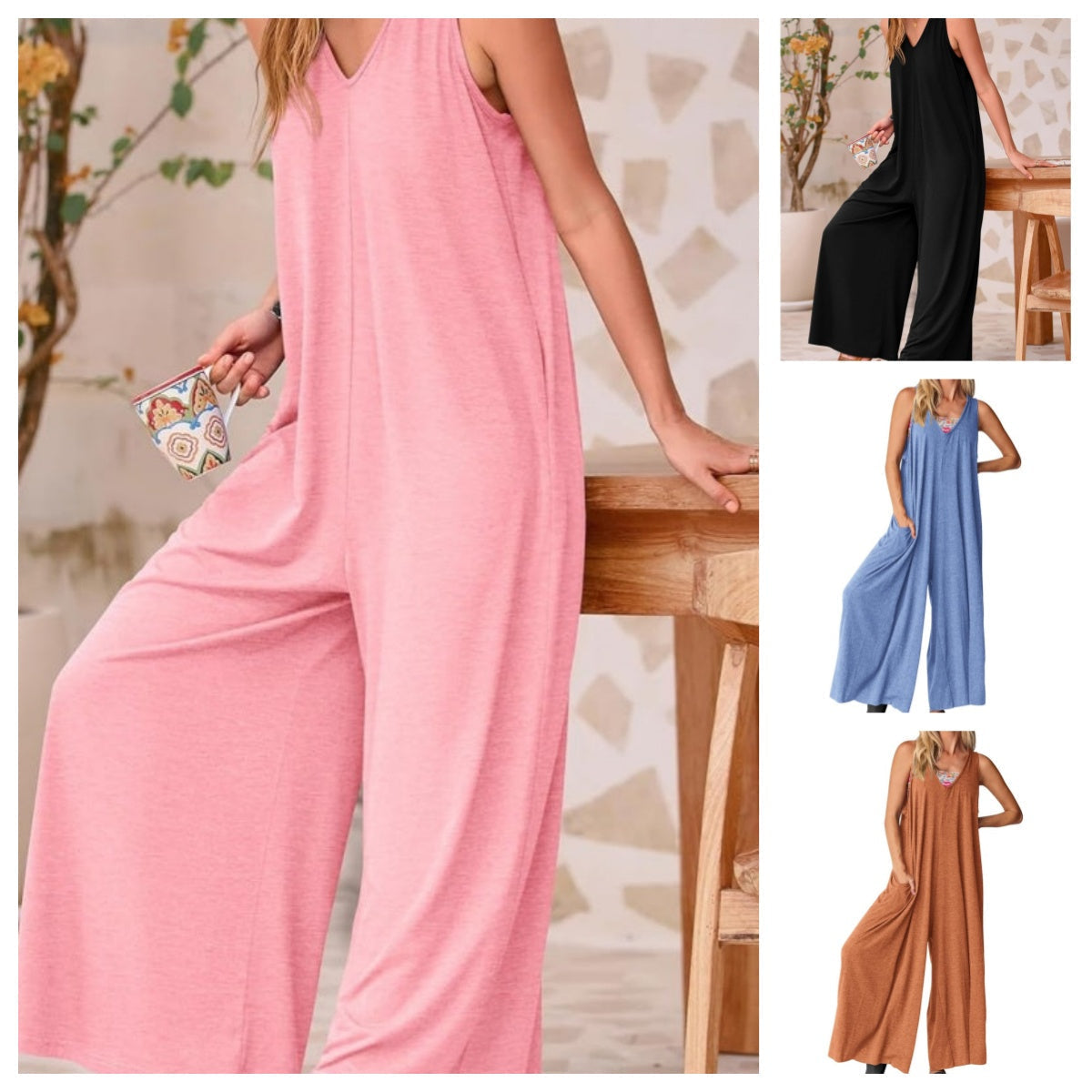 Dámský overal pro každodenní nošení se širokými nohavicemi a výstřihem do V