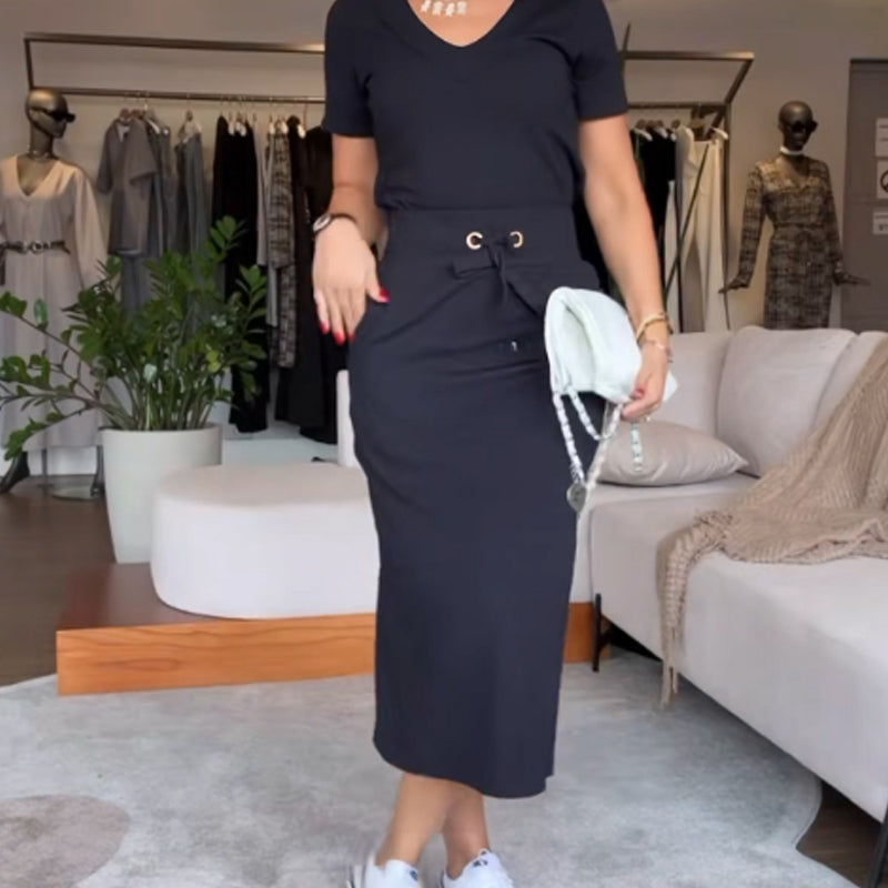 💥Sada dámského trička a midi sukně s výstřihem do V👗