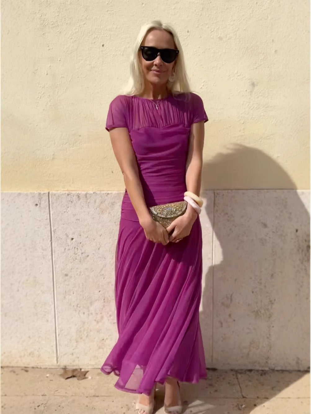 Dámské ležérní šifonové šaty s kulatým výstřihem a prošíváním