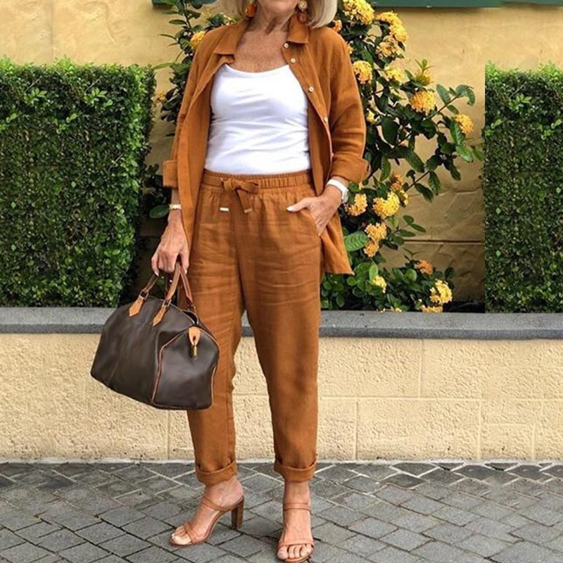 Dámská bavlněná lněná halenka a kalhoty s dlouhým rukávem