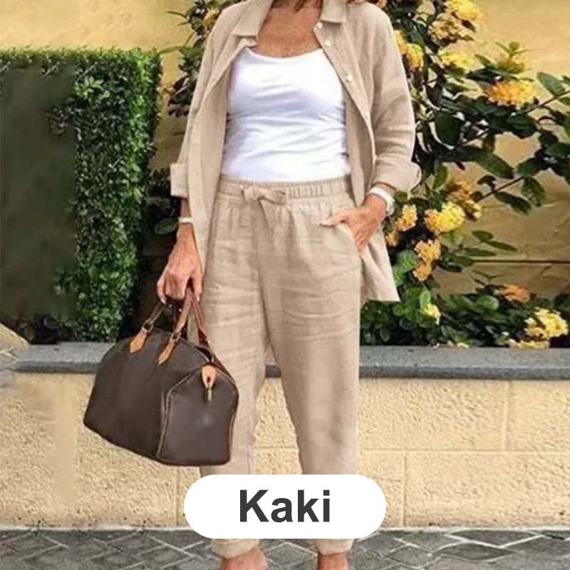 Dámská bavlněná lněná halenka a kalhoty s dlouhým rukávem