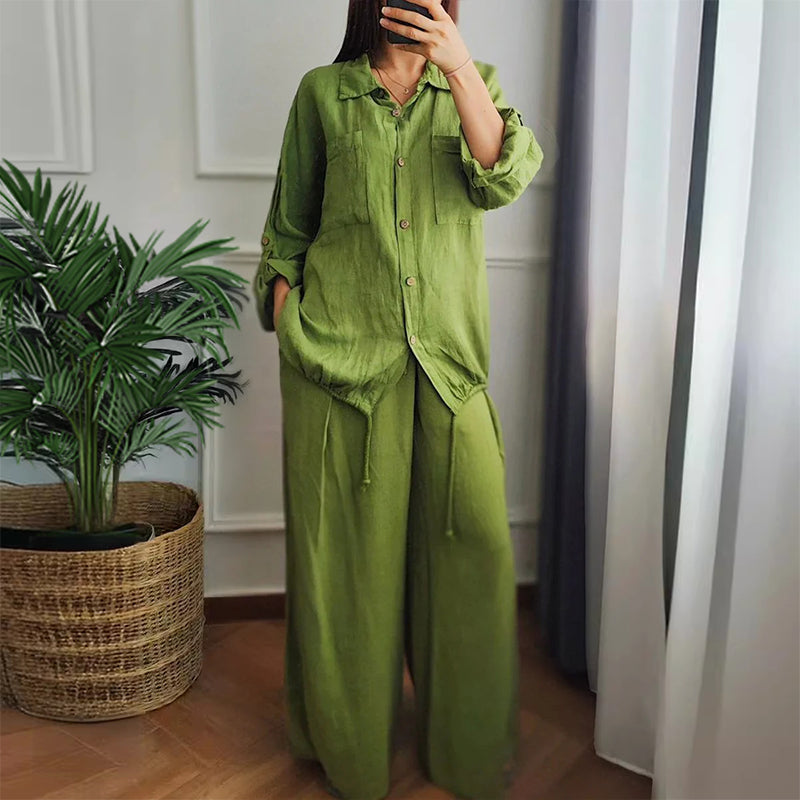 Top z bavlny a lnu se stahovacím lemem a bavlněné a lněné kalhoty