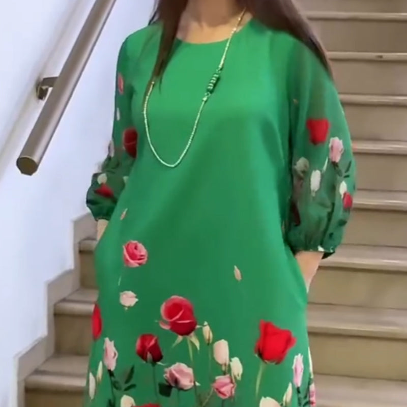 Dámské elegantní květinové šaty s kulatým výstřihem