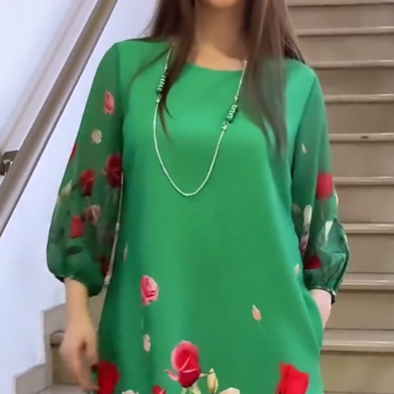 Dámské elegantní květinové šaty s kulatým výstřihem