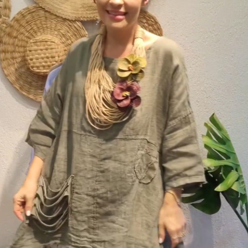 ✨Lněný top s bočními kapsami pro ženy s volným střihem