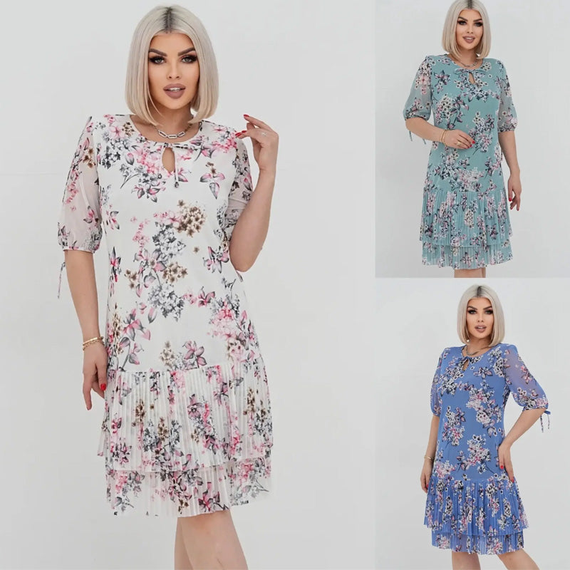 Dámské elegantní dlouhé skládané šaty s krátkým rukávem