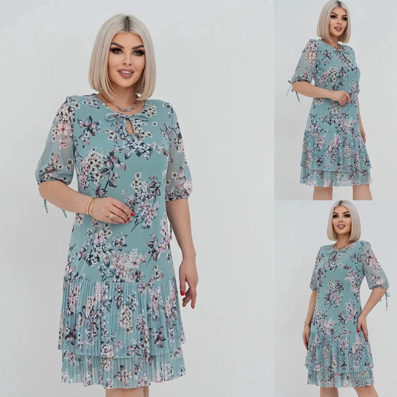 Dámské elegantní dlouhé skládané šaty s krátkým rukávem