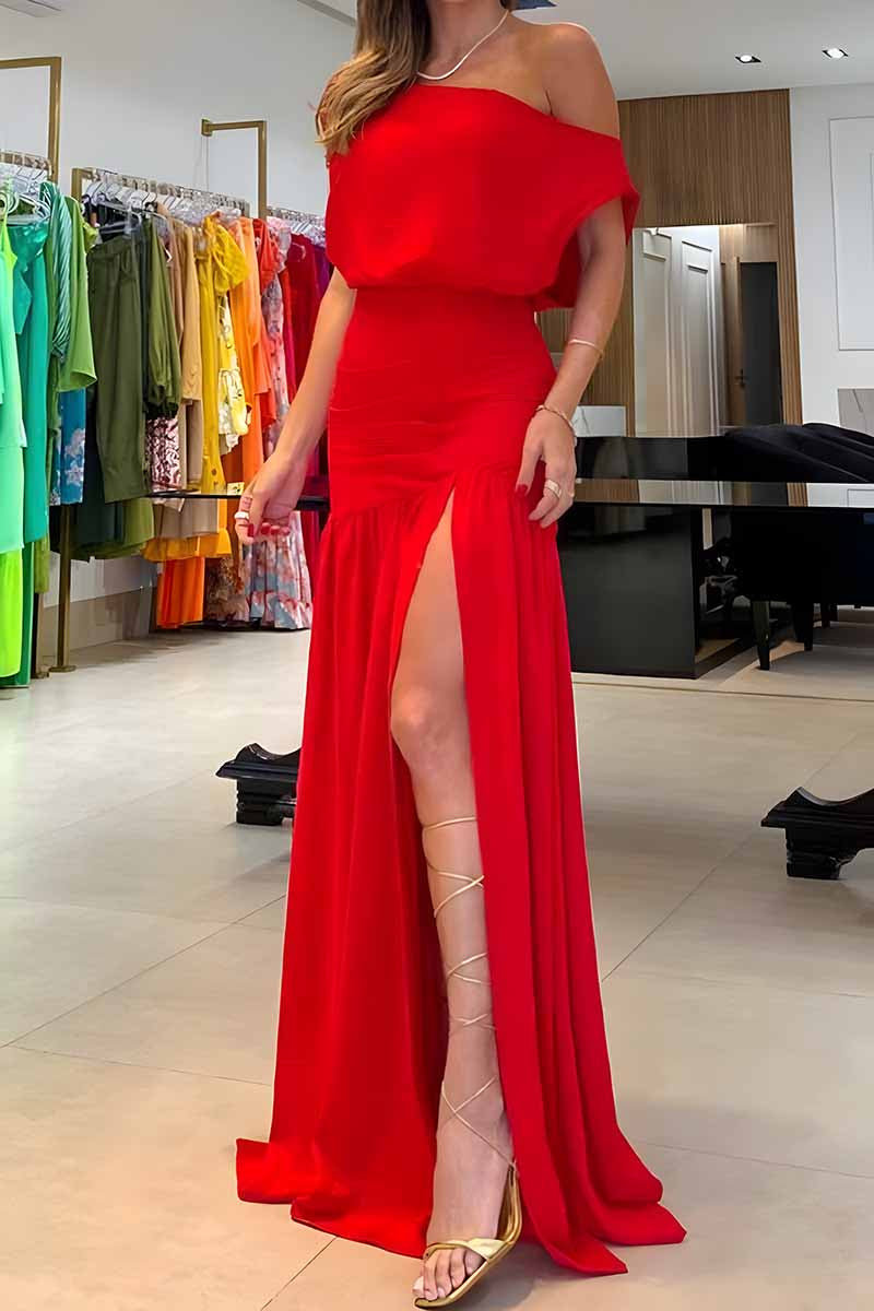 Dámské jednobarevné sexy šaty s šikmým výstřihem bez ramínek na podlahu