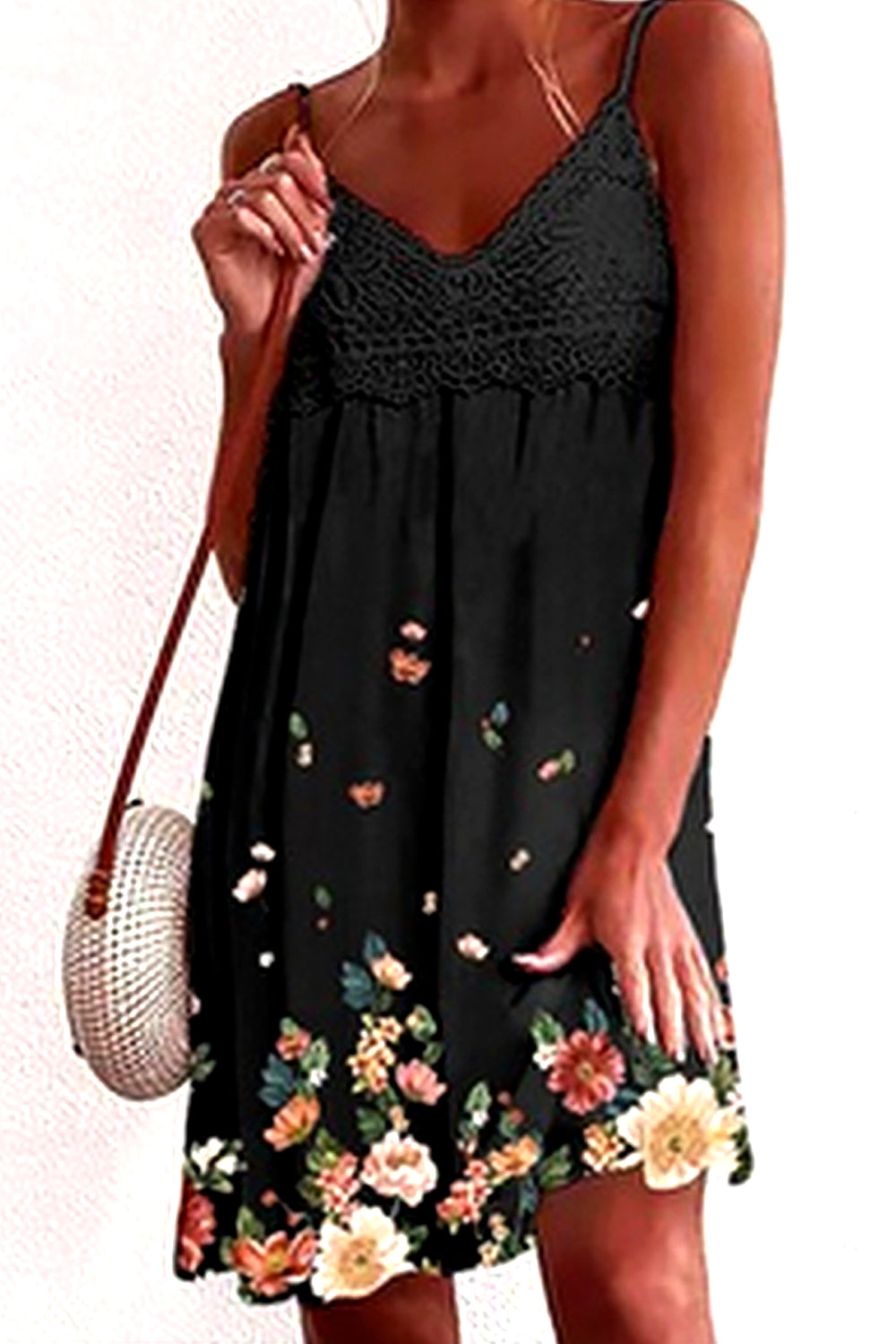 Dámské tenké šaty bez rukávů s krajkovým výstřihem do V s potiskem na ramínka