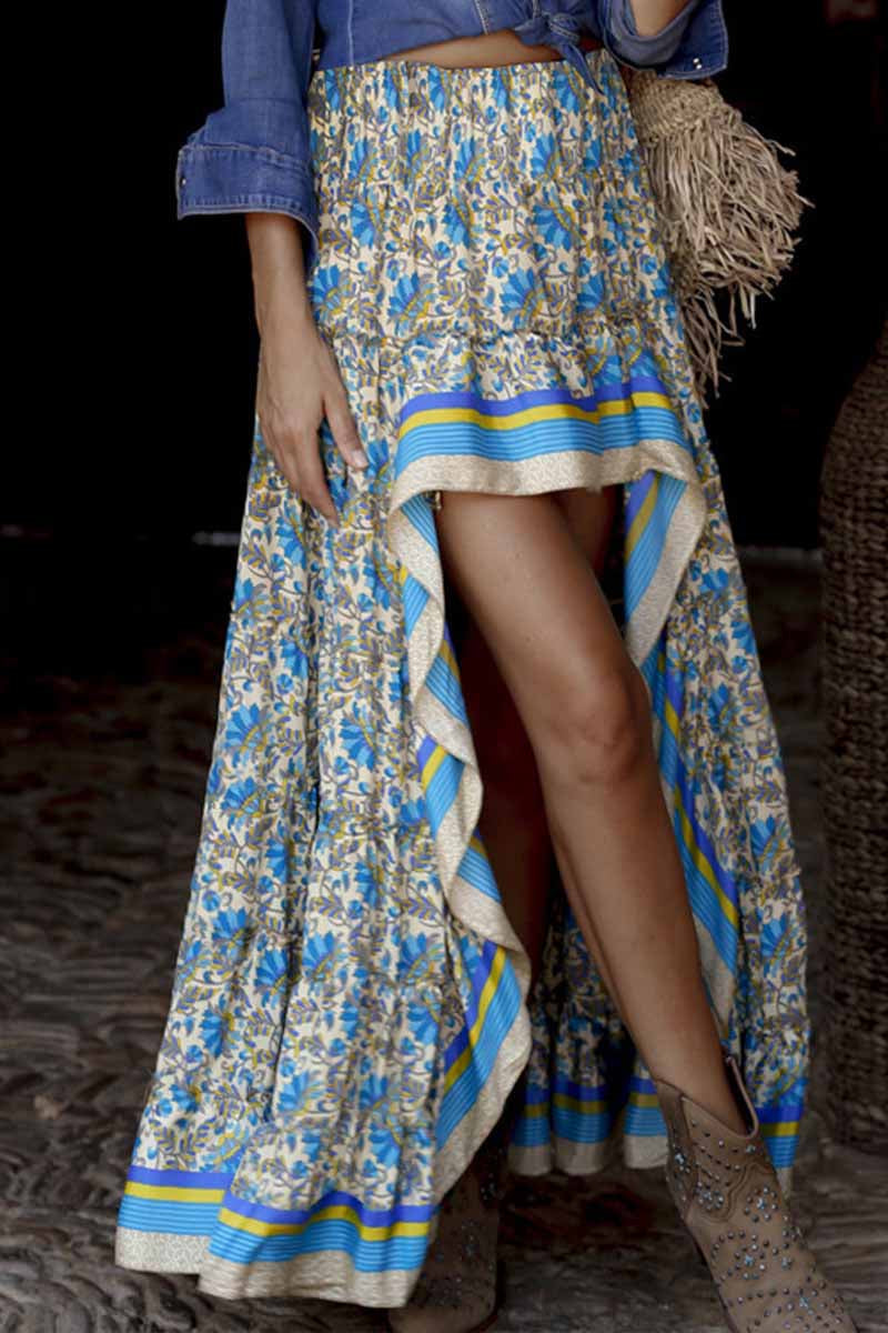 Dámská nepravidelná prázdninová sukně Peplum s vysokým pasem s potiskem