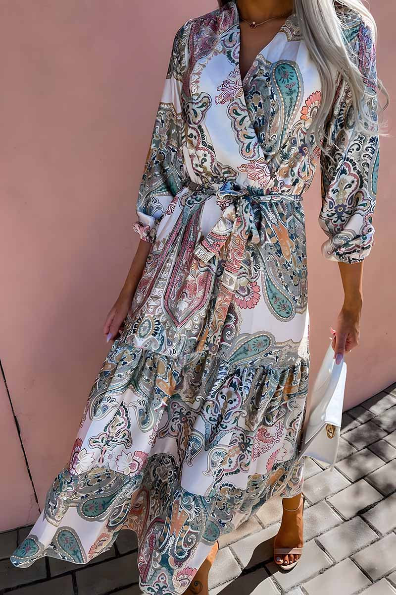 Dámské elegantní midi šaty s devítičtvrtečním rukávem s potištěným výstřihem do V