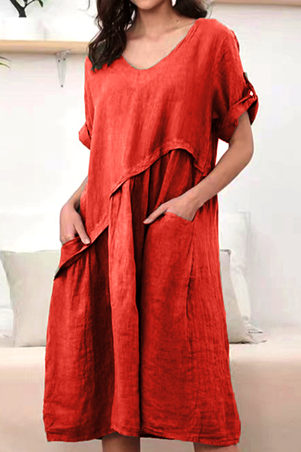 Dámské plátěné šaty s výstřihem do V s krátkým rukávem