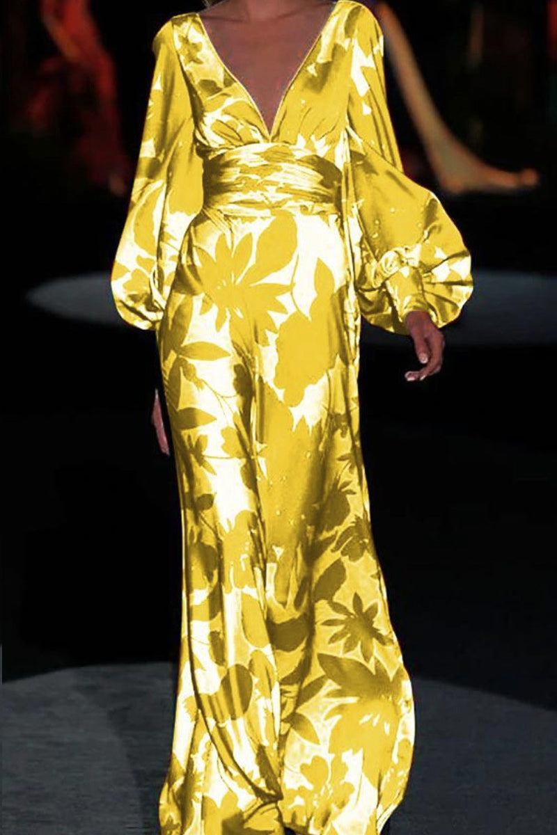 Dámské úzké šaty s balonovými rukávy s módním potiskem a výstřihem do V. Maxi šaty