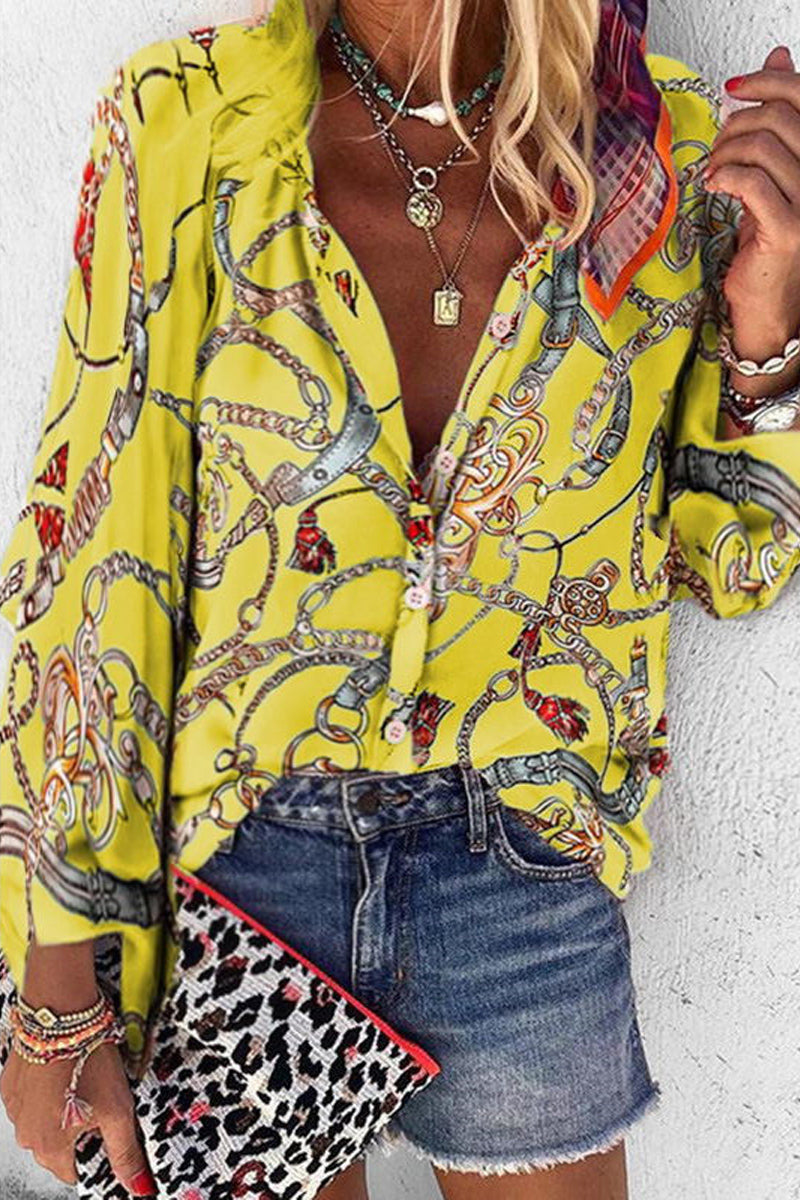 Dámská ležérní košile s dlouhým rukávem s potištěným stojatým límečkem