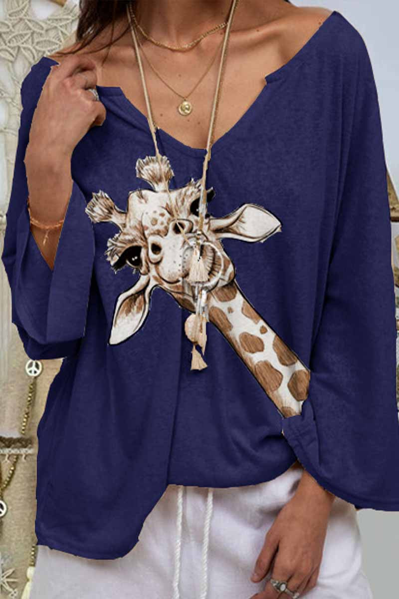 Dámské volné tričko s roztomilým zvířecím potiskem s výstřihem do V