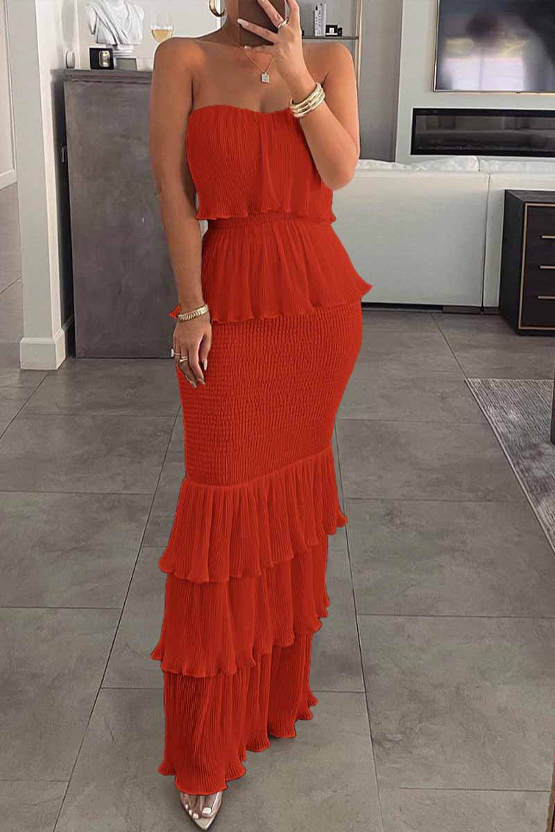 Dámské tenké maxi šaty s plisovaným volánem z trubice