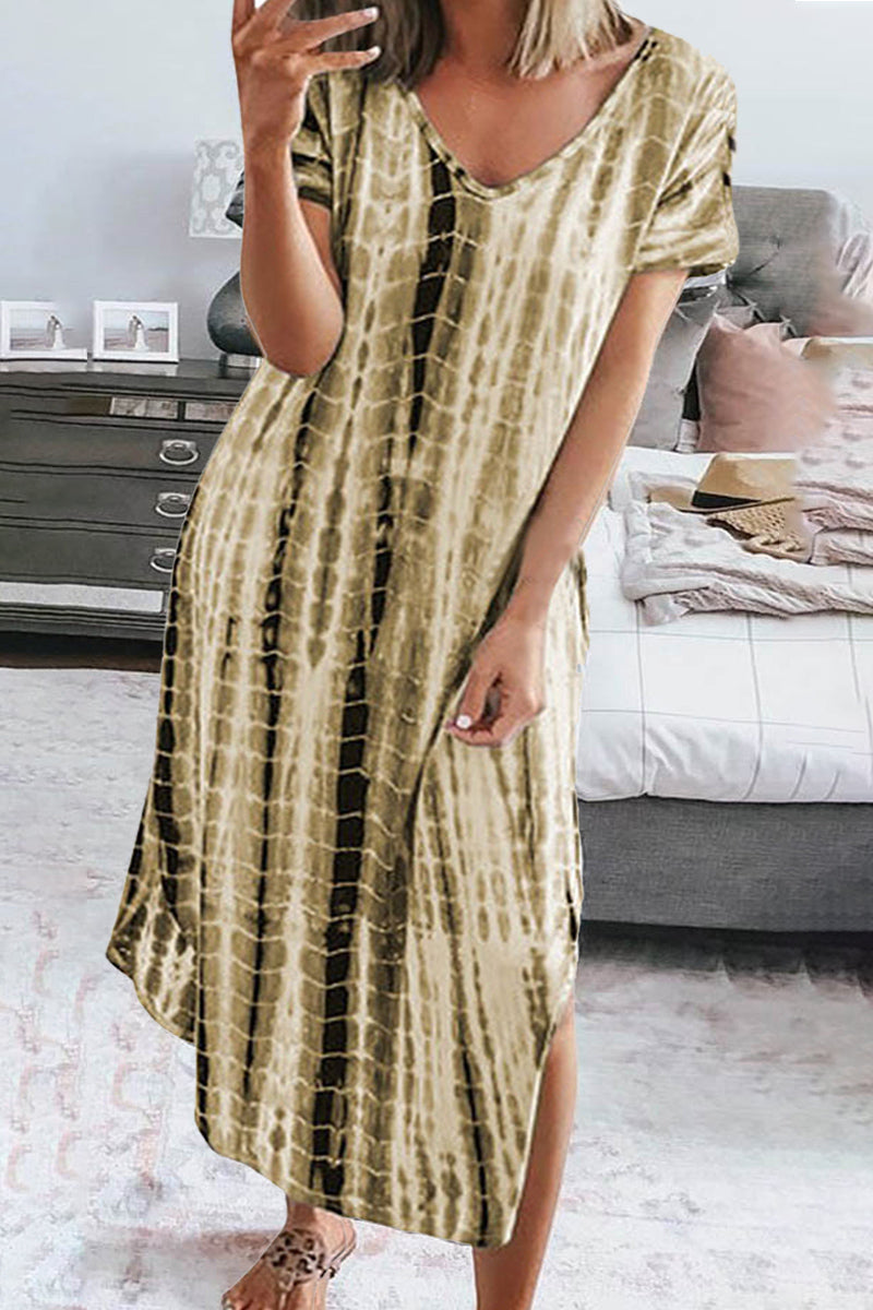 Dámské volné nepravidelné maxi šaty s výstřihem do V s výstřihem do V s potiskem