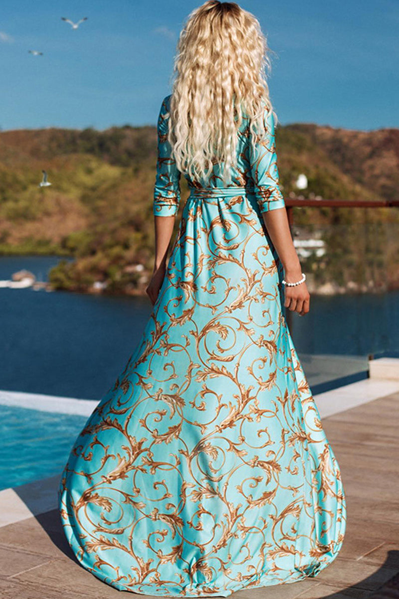 Dámské tenké maxi šaty s polorukávy a výstřihem do V s potiskem