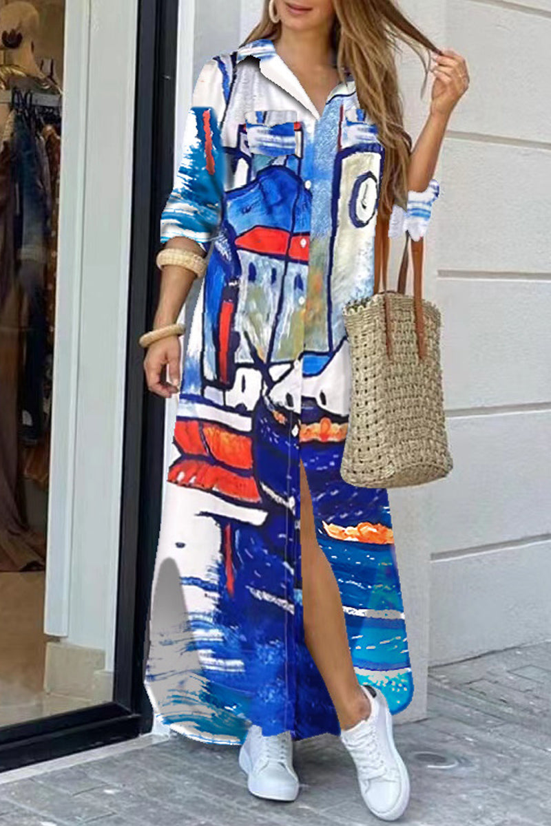 Dámská módní košile s dlouhým rukávem, maxi šaty s potiskem