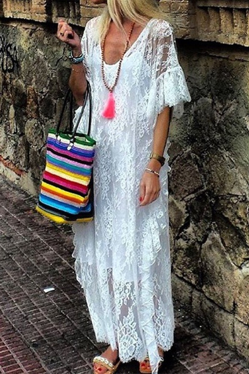 Dámské sexy krajkové háčkované šaty s krátkým rukávem s výstřihem do V