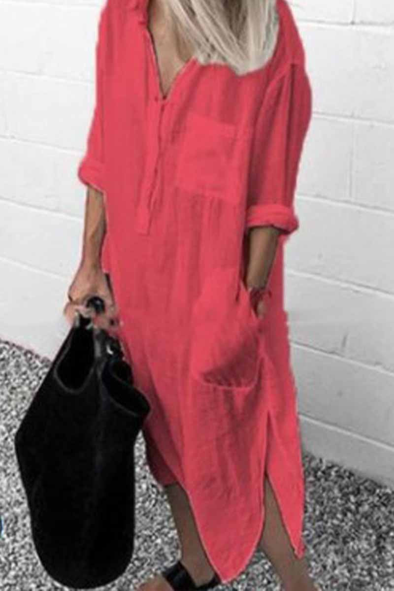 Dámské elegantní jednobarevné košilové šaty s rozparkem a zapínáním na knoflíky