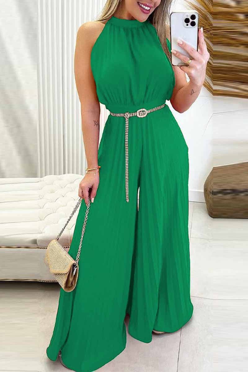 Dámský módní lisovaný skládaný overal se širokými nohavicemi bez rukávů