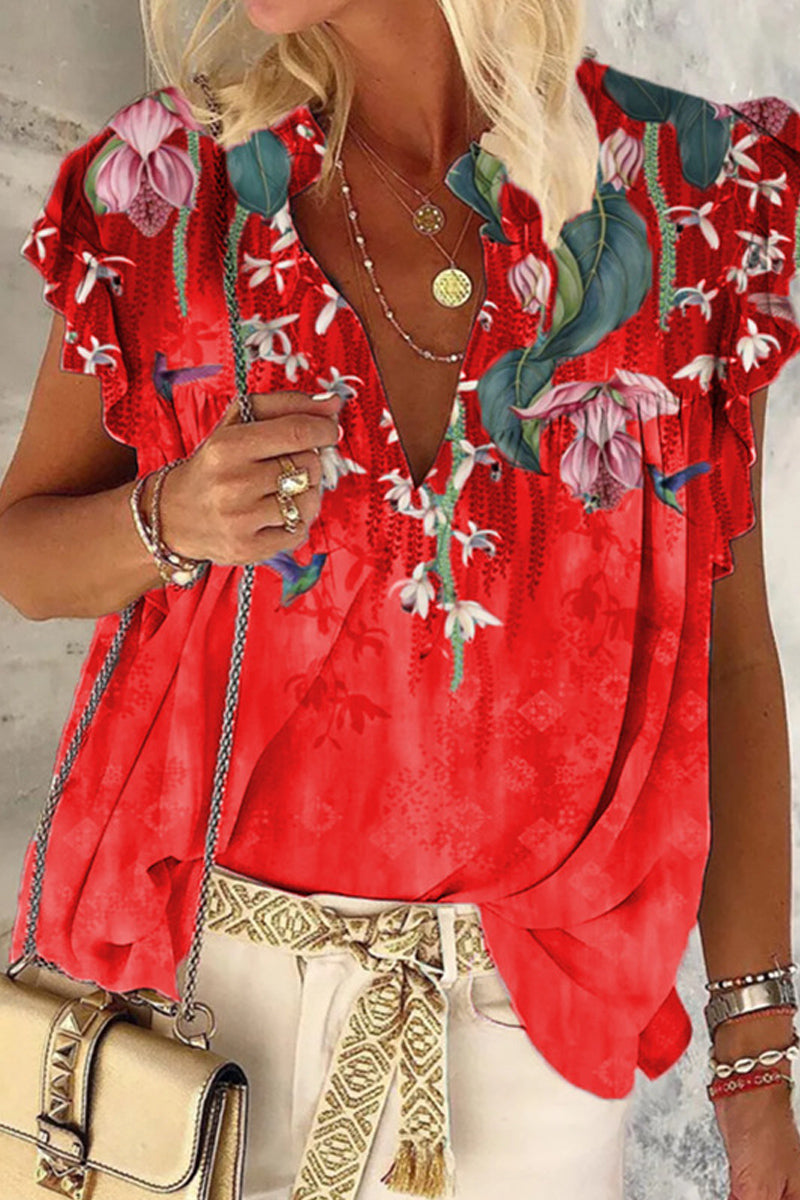 Dámské tričko s krátkým rukávem s potištěným výstřihem do V