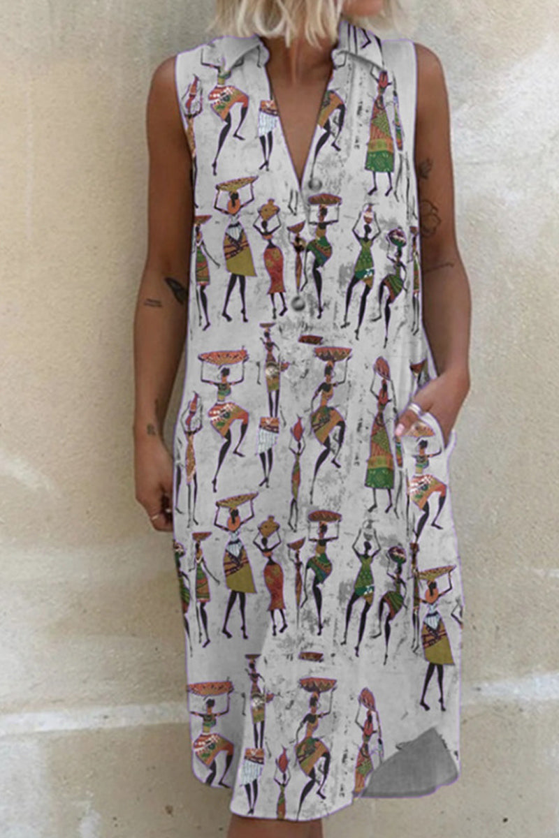 Dámské midi šaty s volným potiskem na klopě bez rukávů