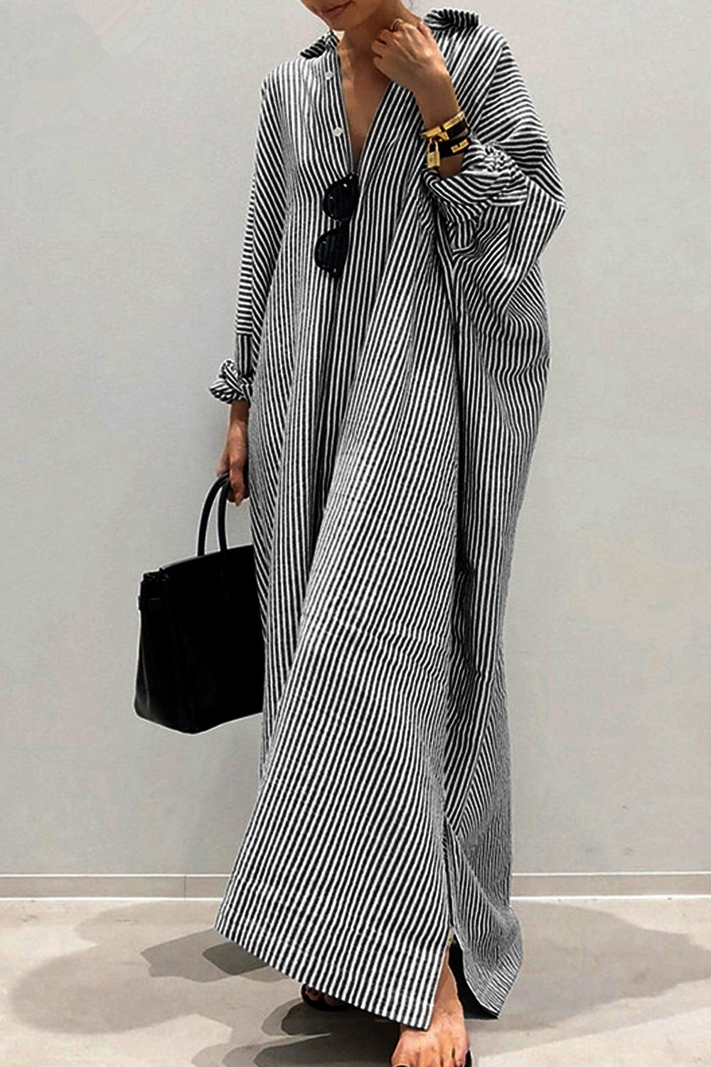 Dámské pruhované rovné košilové šaty s 3/4 rukávem