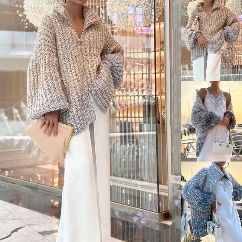 【✨Nové přírůstky 2025】🌈Dámský flitrový pletený svetr s celopropínacím zipem