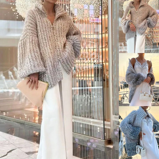 【✨Nové přírůstky 2025】🌈Dámský flitrový pletený svetr s celopropínacím zipem