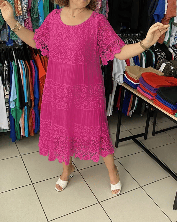 💝Monochromatické korunkové šaty s krátkým rukávem👗