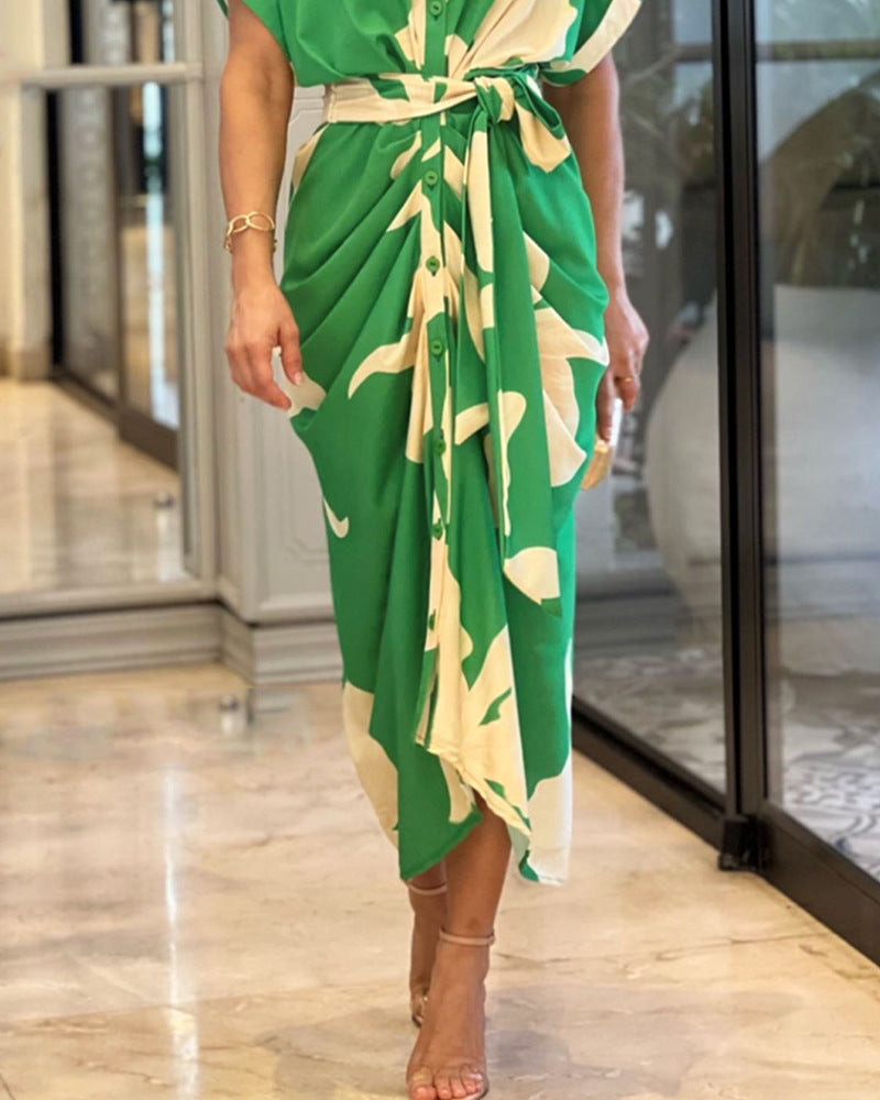 💃Neformální košilové šaty s potiskem a klopovým pasem