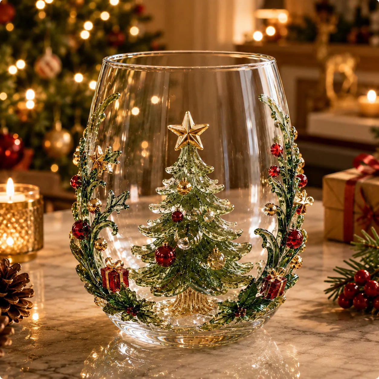 Kouzelná vánoční kolekce 3D skleněných kelímků – Santa Claus, sob, sněhulák a vánoční stromeček