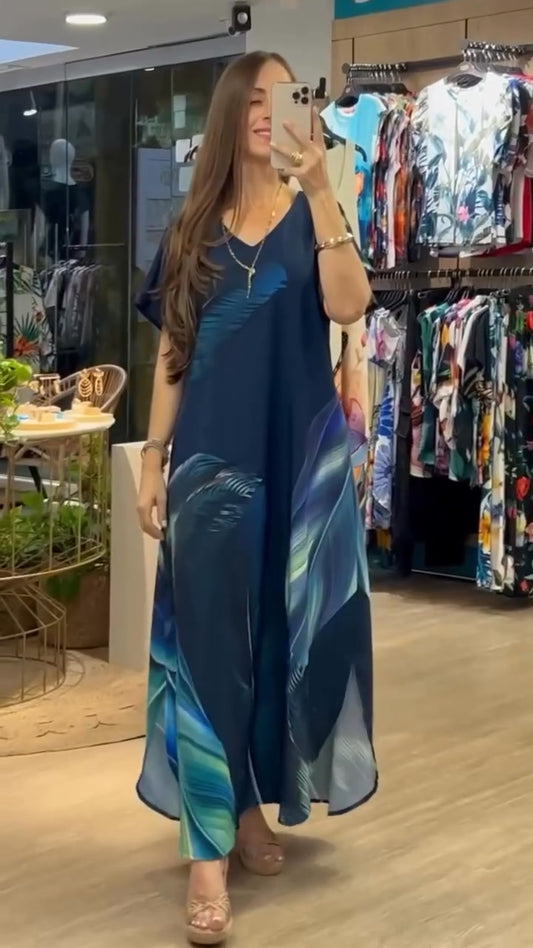 Dámské volné, ležérní šaty s výstřihem do V, potiskem a krátkými rukávy