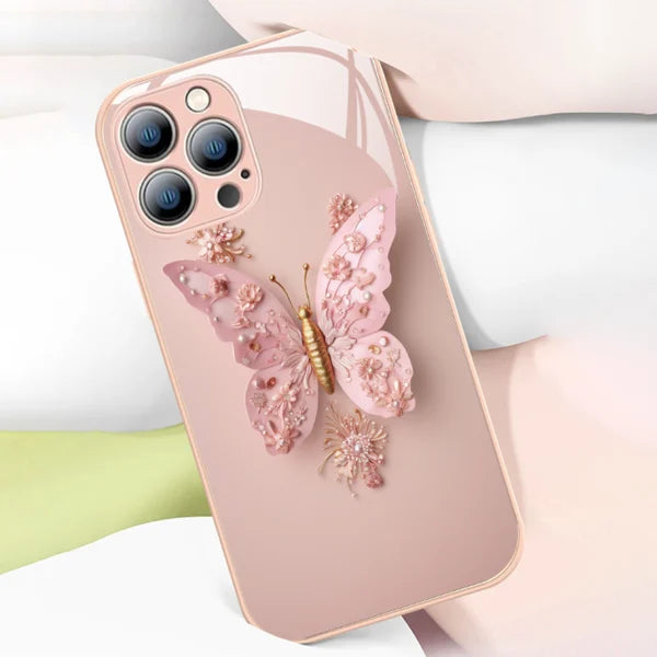 Ploché skleněné pouzdro s 3D vzorem motýla, kompatibilní s iPhone
