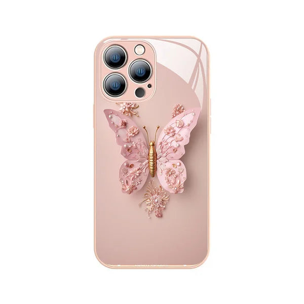 Ploché skleněné pouzdro s 3D vzorem motýla, kompatibilní s iPhone