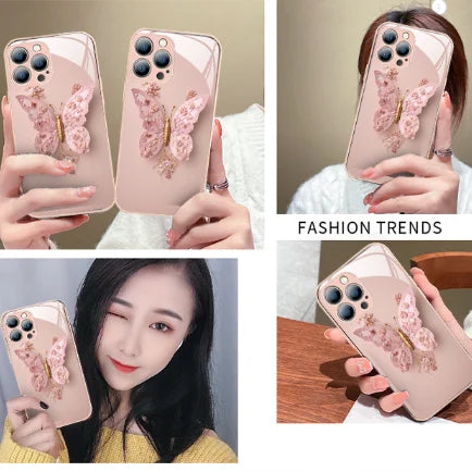 Ploché skleněné pouzdro s 3D vzorem motýla, kompatibilní s iPhone