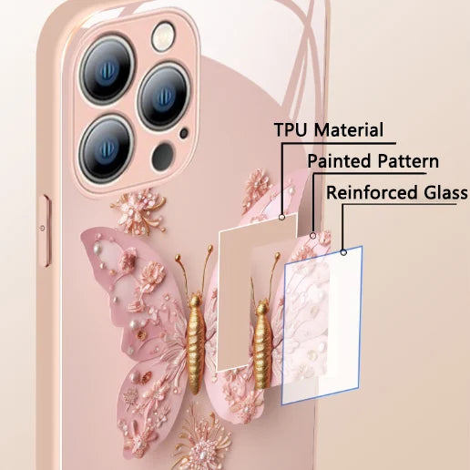 Ploché skleněné pouzdro s 3D vzorem motýla, kompatibilní s iPhone
