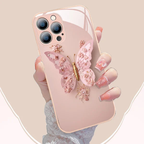Ploché skleněné pouzdro s 3D vzorem motýla, kompatibilní s iPhone