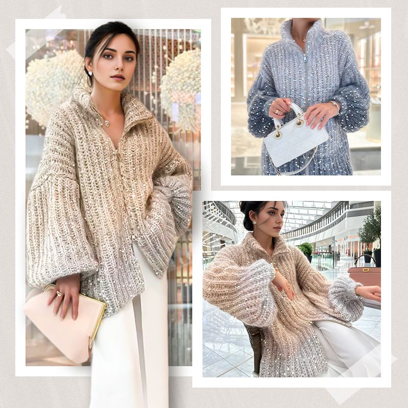 【✨Nové přírůstky 2025】🌈Dámský flitrový pletený svetr s celopropínacím zipem