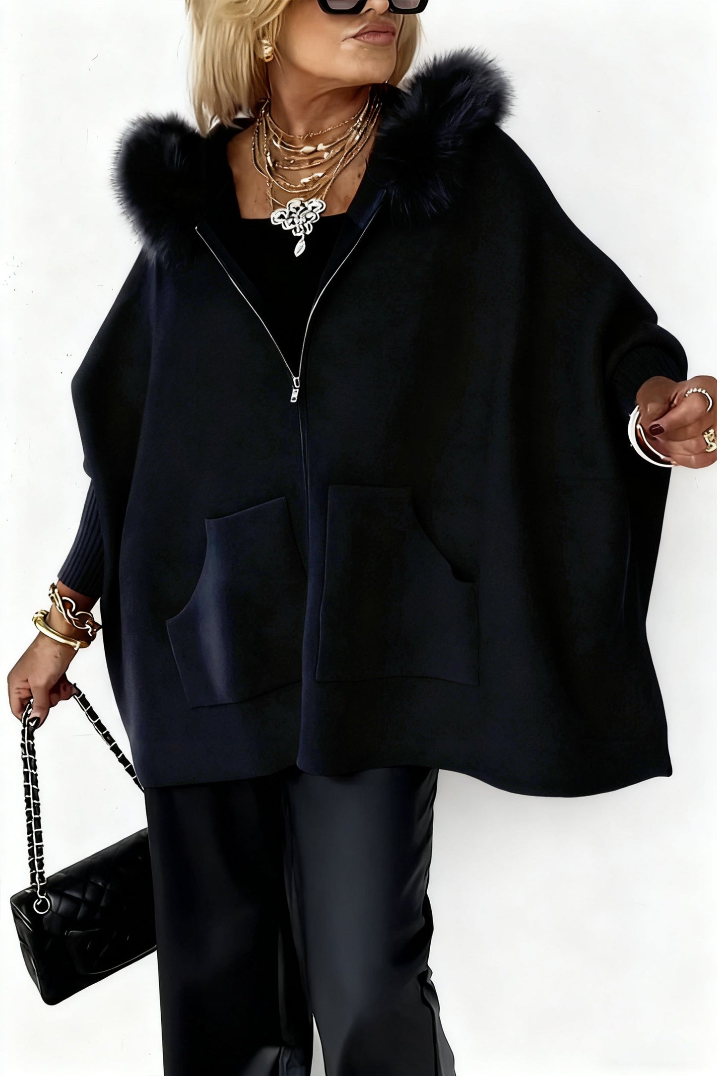 Dámská ležérní bunda s jednobarevným kožešinovým límcem