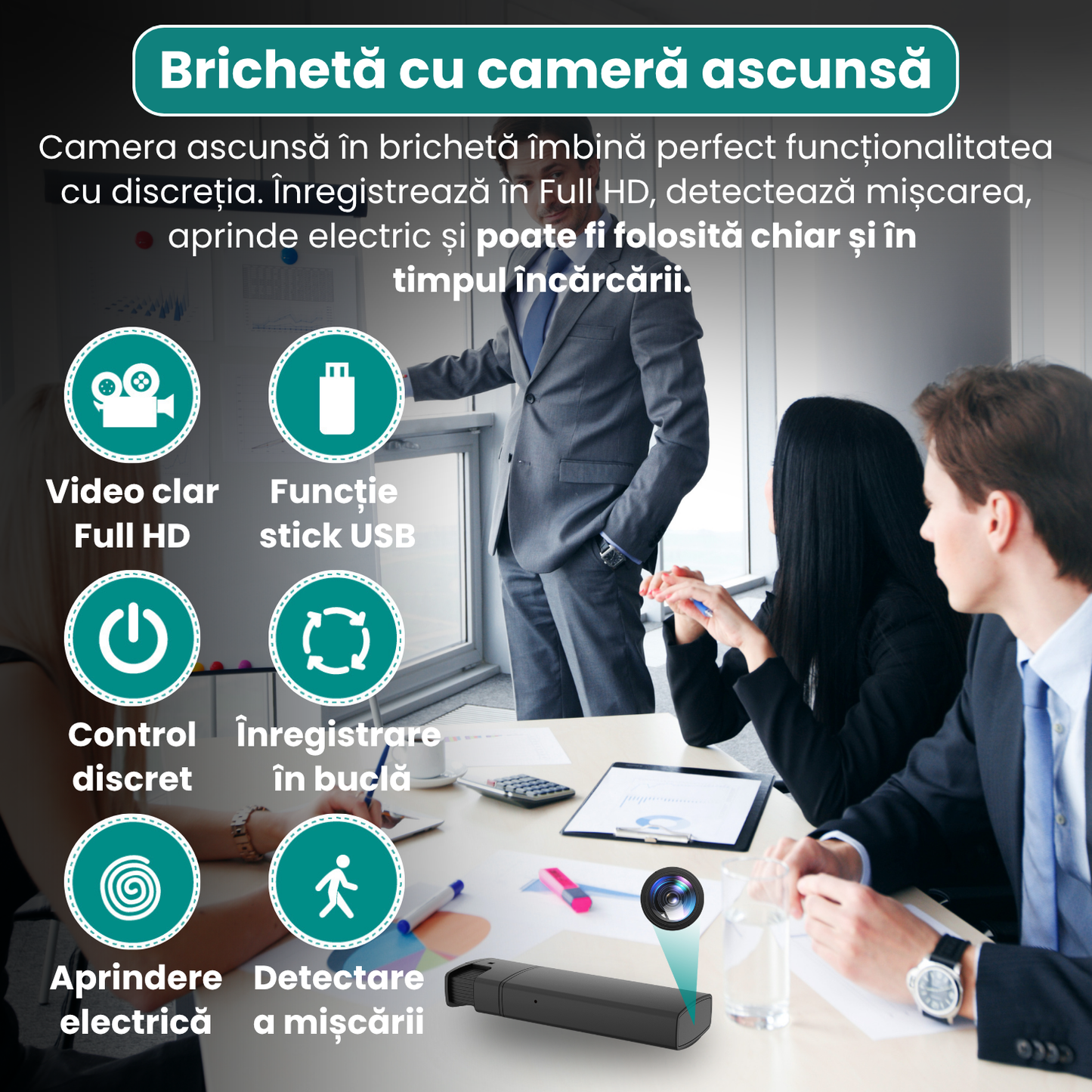 Zapalovač se skrytou kamerou, funkce skutečného elektrického zapalování, nahrávání videa v rozlišení Full HD 1080p, detekce pohybu, smyčkové nahrávání