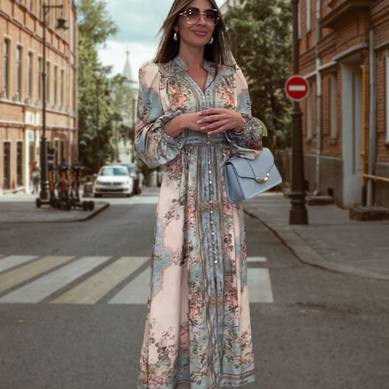 Elegantní šaty s výstřihem do V, vysokým pasem, květinovým potiskem a knoflíky