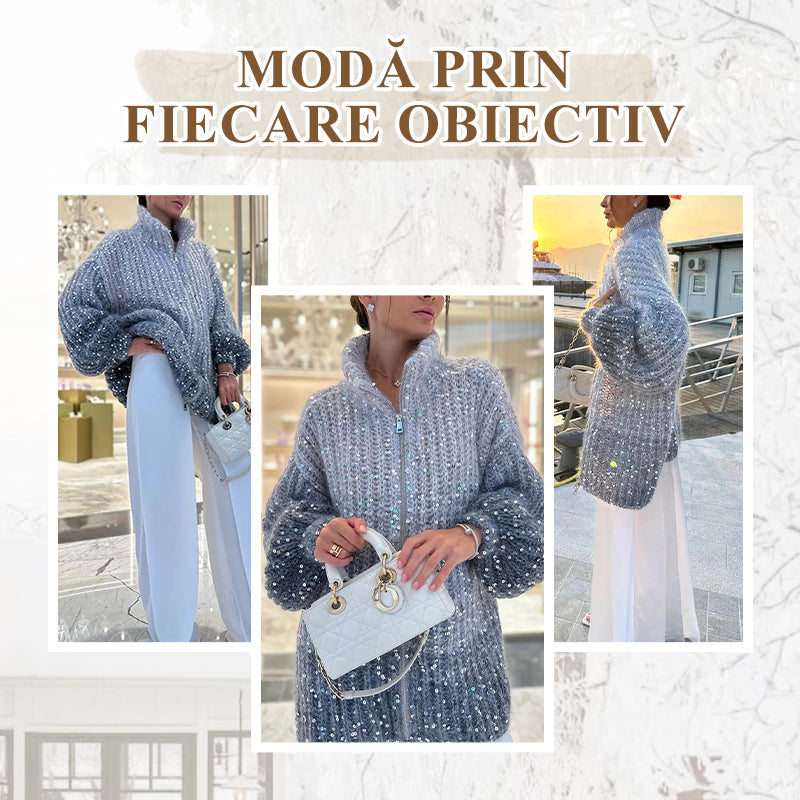 【✨Nové přírůstky 2025】🌈Dámský flitrový pletený svetr s celopropínacím zipem