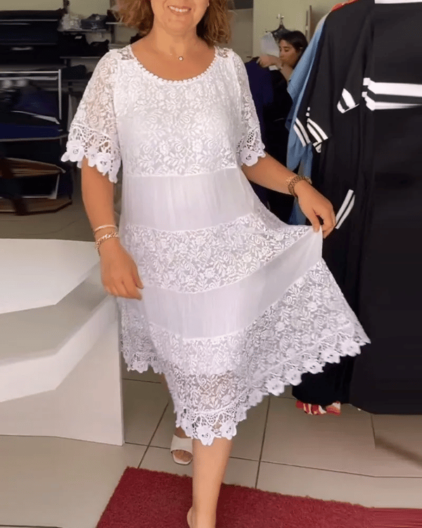 💝Monochromatické korunkové šaty s krátkým rukávem👗
