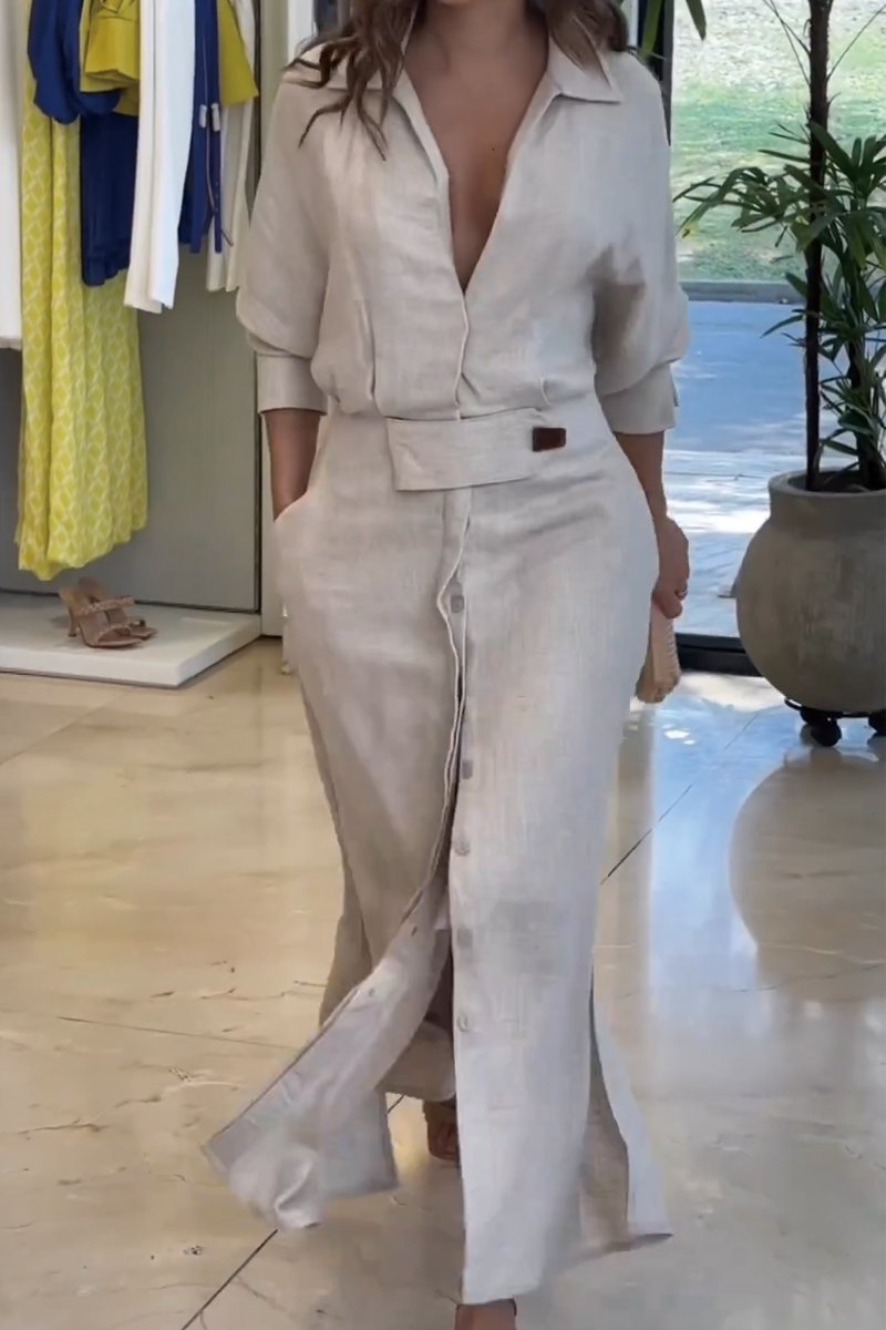 Maxi šaty z bavlny a lnu v jednobarevné barvě