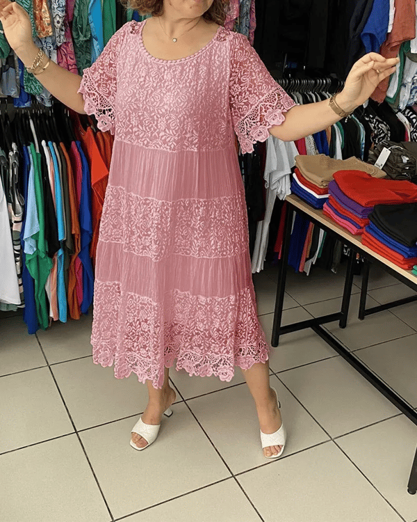 💝Monochromatické korunkové šaty s krátkým rukávem👗