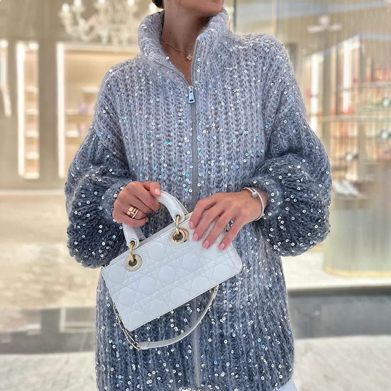 【✨Nové přírůstky 2025】🌈Dámský flitrový pletený svetr s celopropínacím zipem